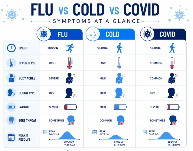 Flu vs cold vs covid comparison