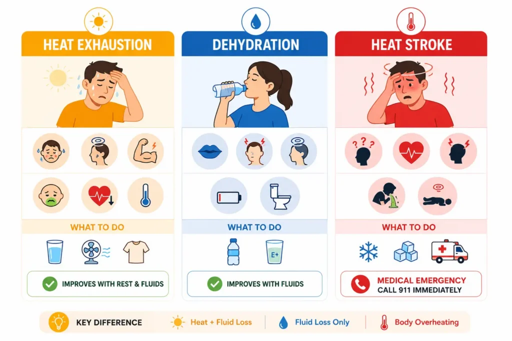 Heat exhaustion, dehydration, heat stroke comparison